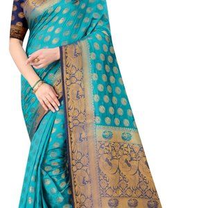 NEW Self Design Banarasi Cotton Silk Saree (Navy Blue)